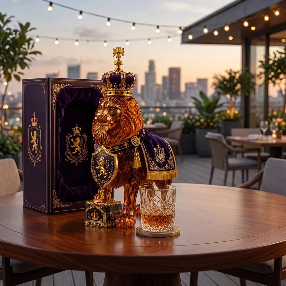 Carafe à whisky en verre, lion et couronne