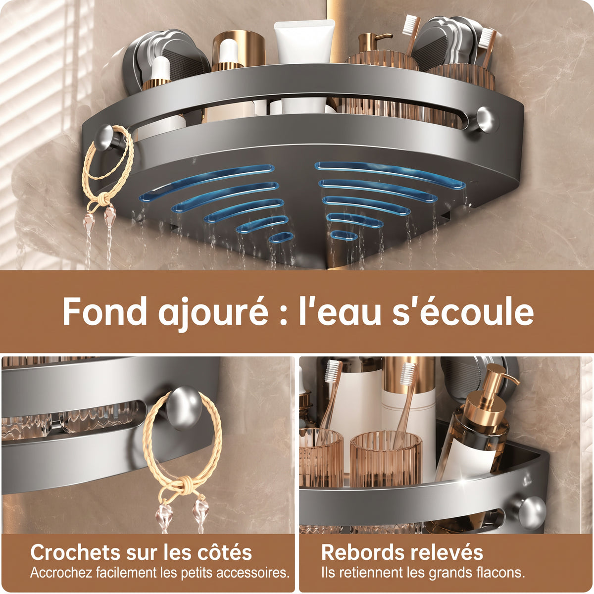 Étagère d'angle de douche à ventouses – Fond ajouré : l'eau s'écoule