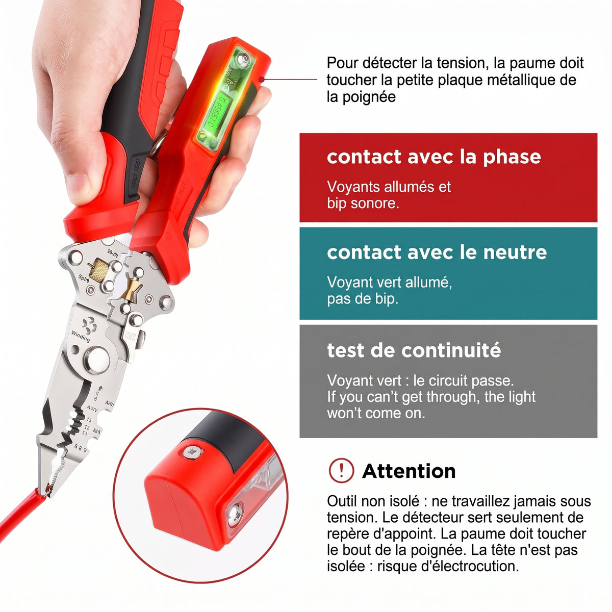 Pince à dénuder multifonction 16 en 1 avec détecteur de tension – Contact avec la phase