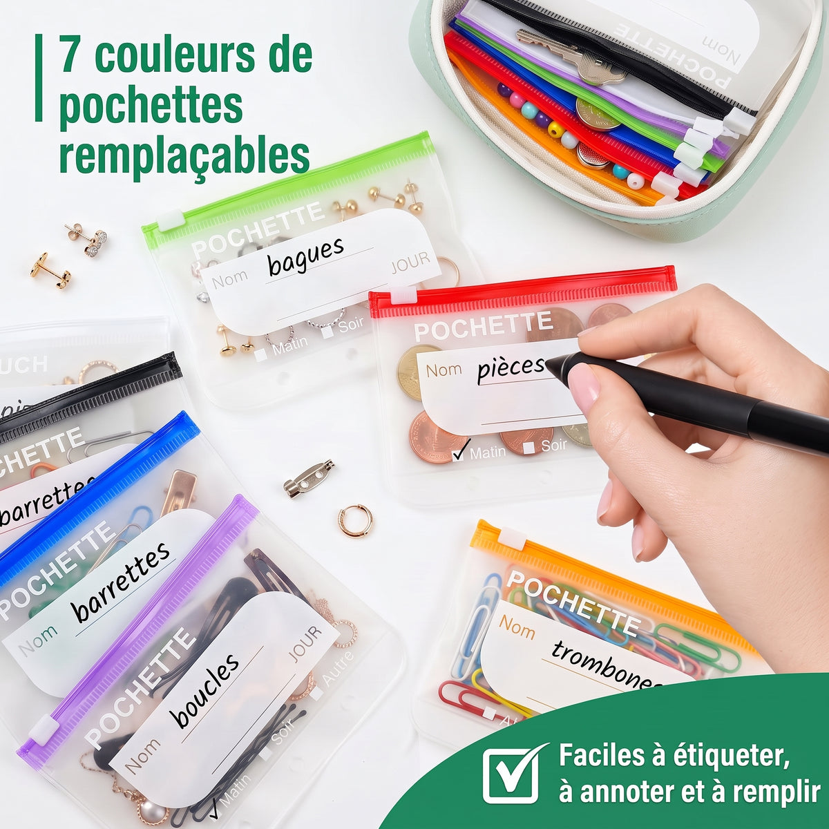 Organiseur semainier à pochettes zippées transparentes