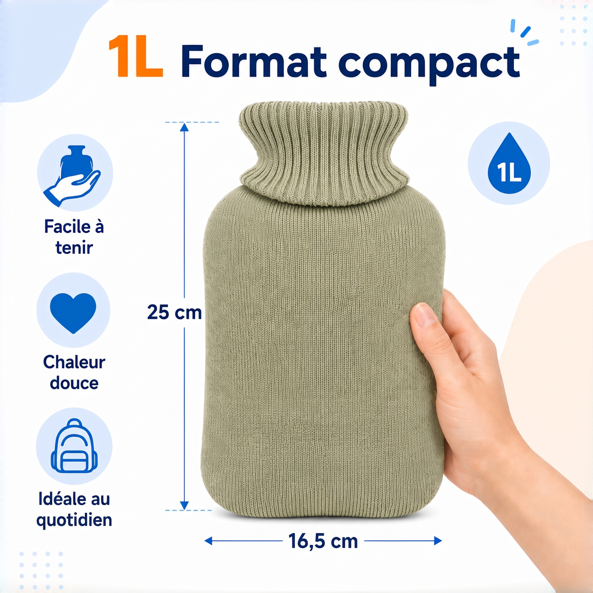Bouillotte 1 L avec housse tricotée à rayures – Format compact