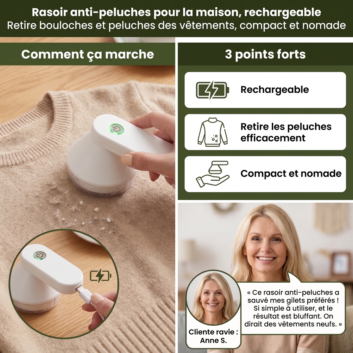 Rasoir anti-peluches électrique rechargeable pour vêtements – Rasoir anti-peluches pour la maison, rechargeable
