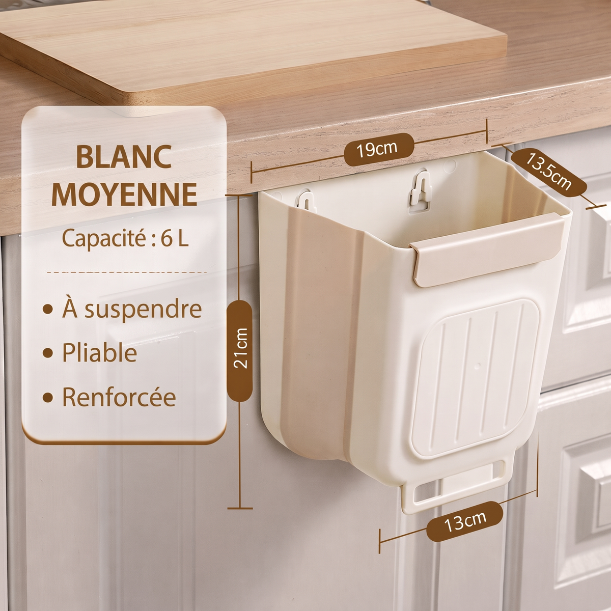 Poubelle pliable à suspendre pour porte de placard, 6 L ou 10 L