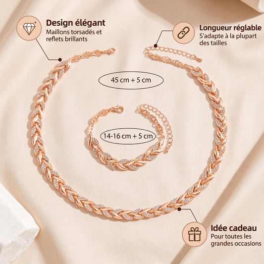 Parure collier et bracelet à feuilles torsadées et strass