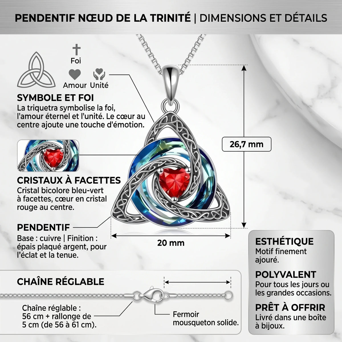 Collier nœud celtique avec pierre de naissance – Pendentif nœud de la trinité | dimensions et détails