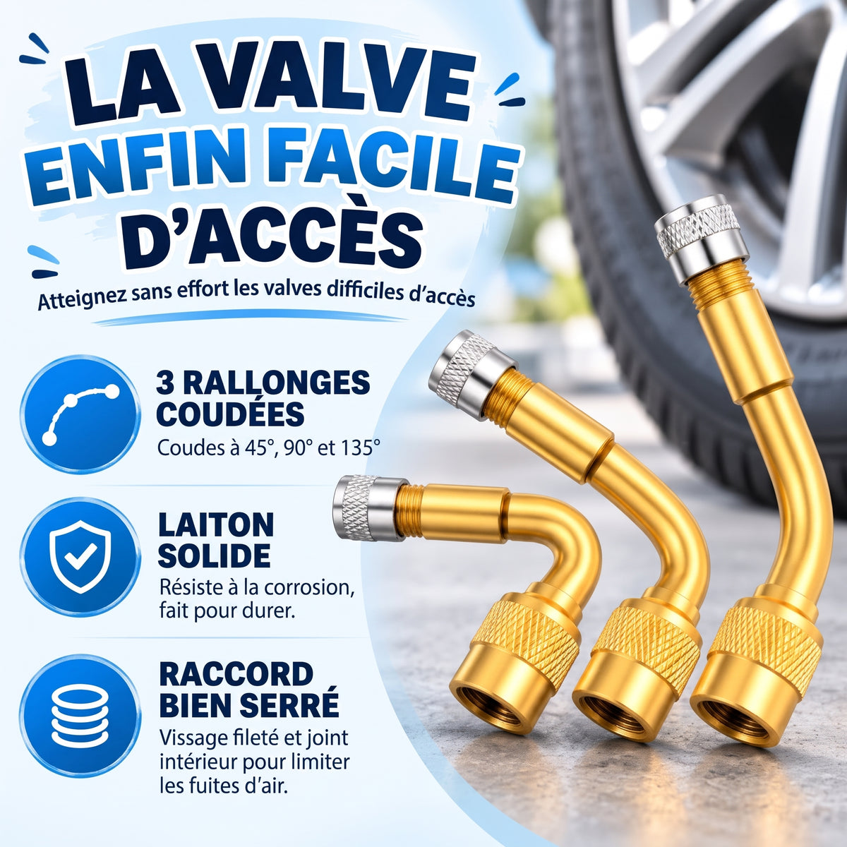 Rallonges de valve de pneu en laiton, lot de 3 angles 45°, 90°, 135°