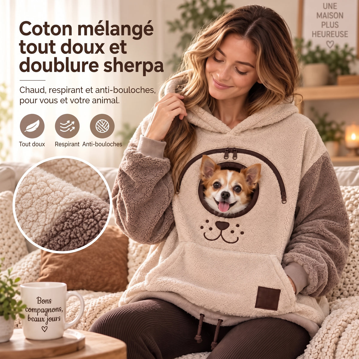 Sweat à capuche porte-animal, poche ventrale pour chat et petit chien