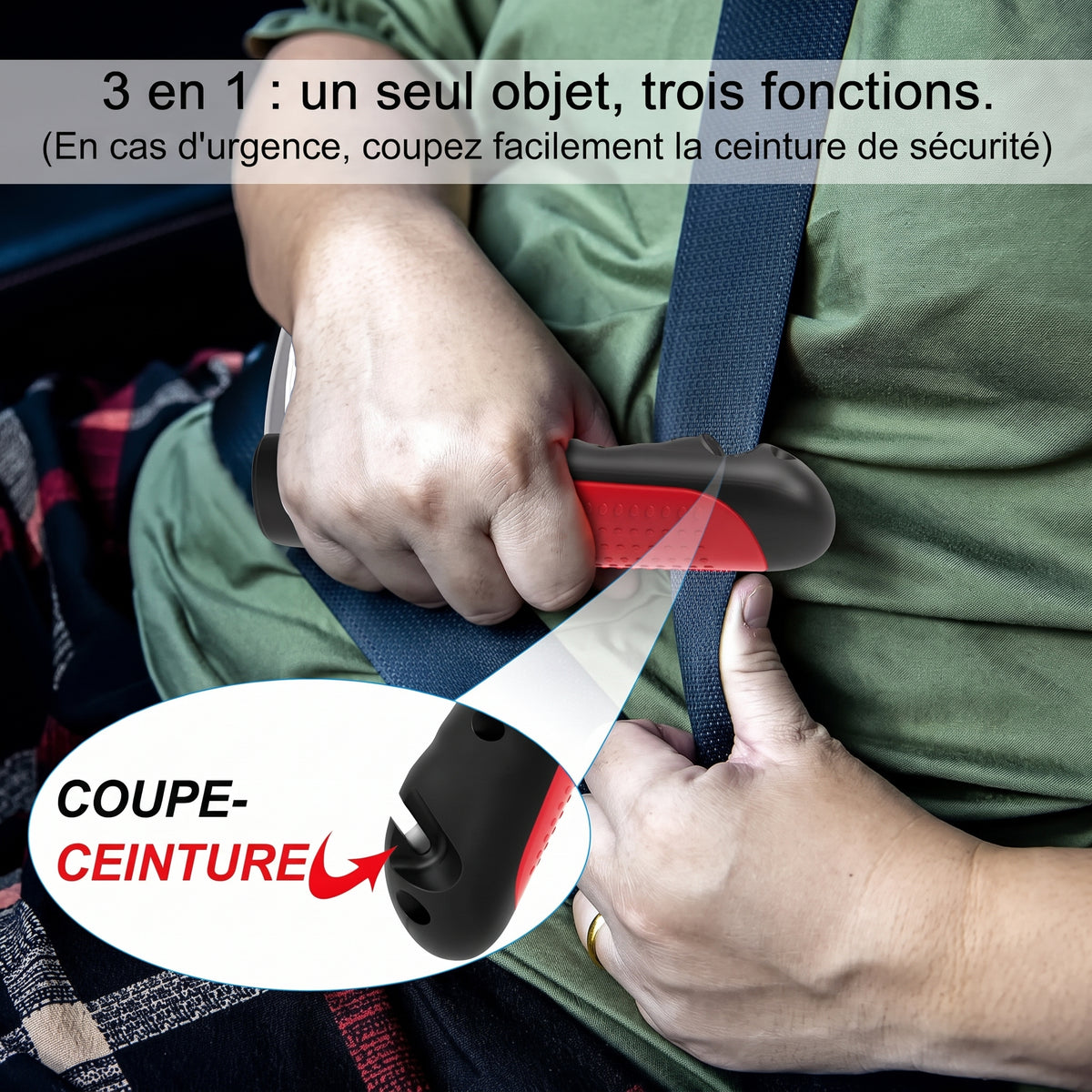 Poignée d’appui voiture 3-en-1, brise-vitre et coupe-ceinture