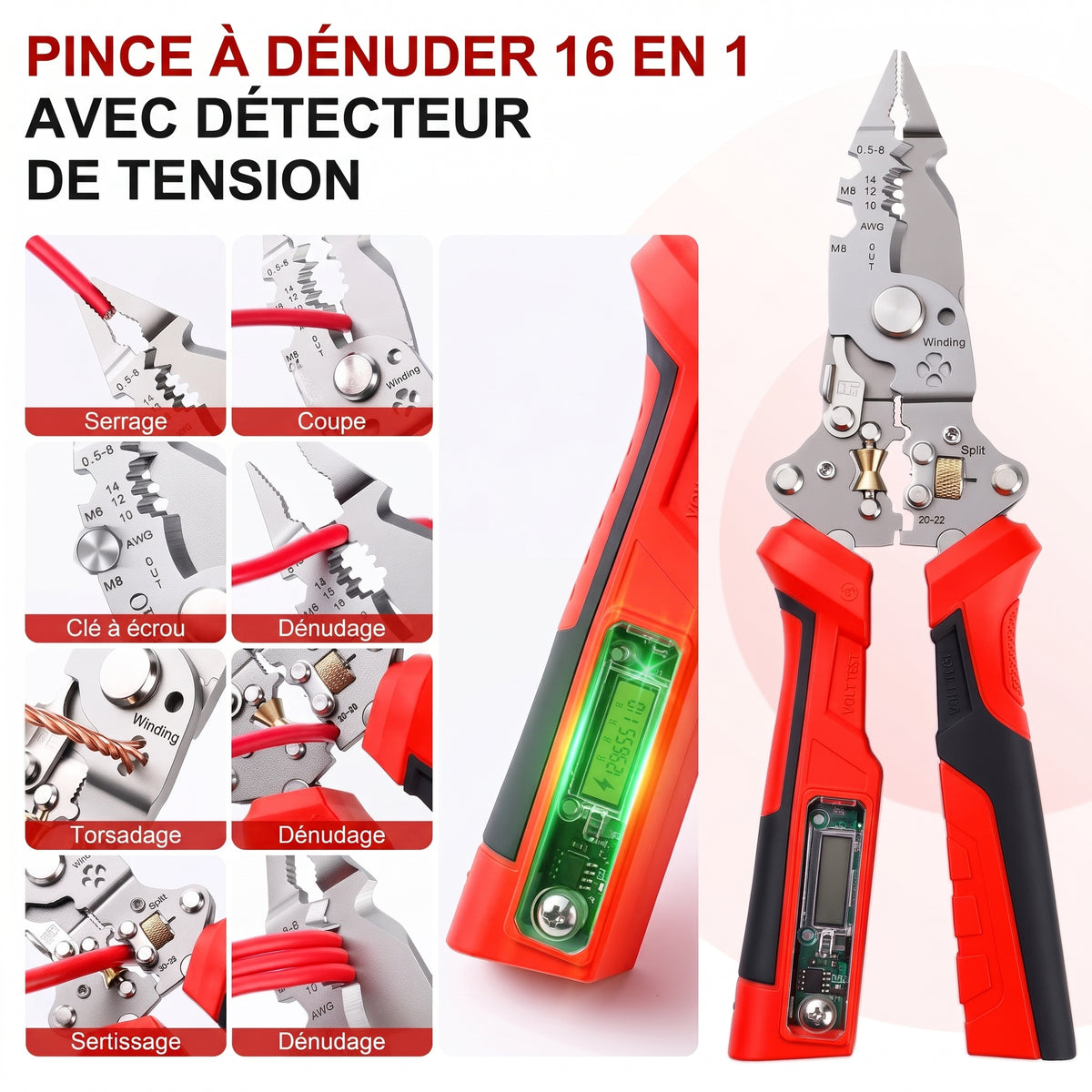 Pince à dénuder multifonction 16 en 1 avec détecteur de tension – Pince à dénuder 16 en 1 avec détecteur de tension