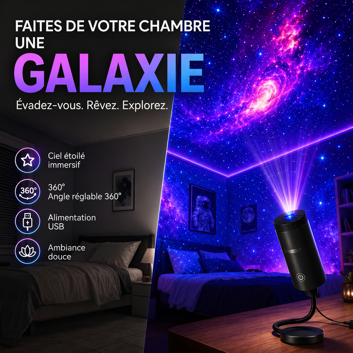 Projecteur LED rotatif USB à 360° – Faites de votre chambre