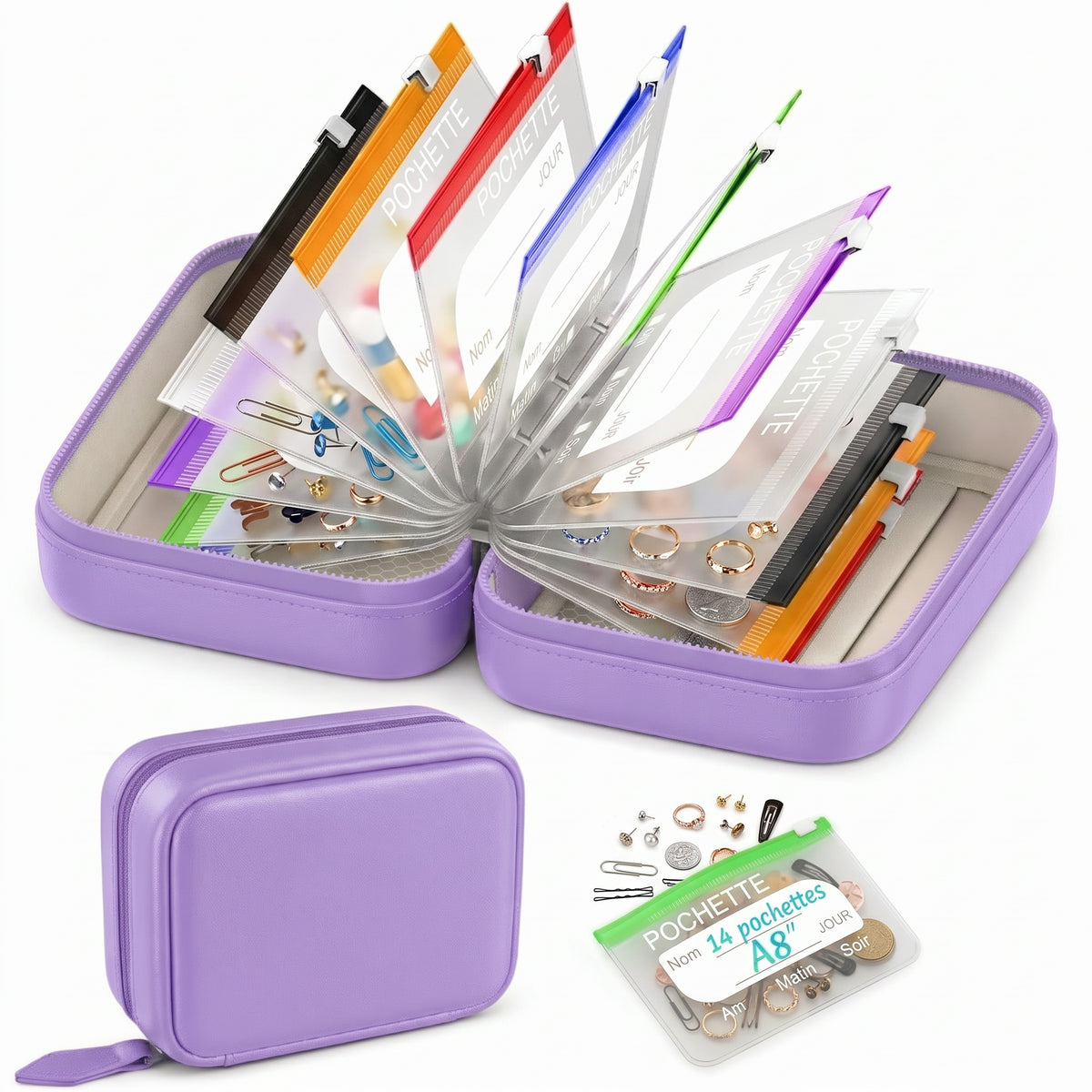 Organiseur semainier à pochettes zippées transparentes