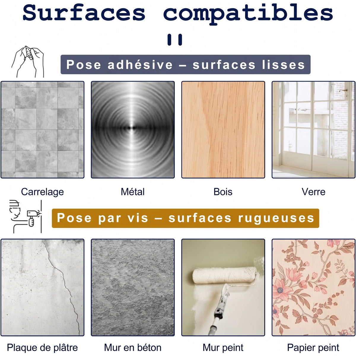 Supports de tringle à rideau réglables – Surfaces compatibles