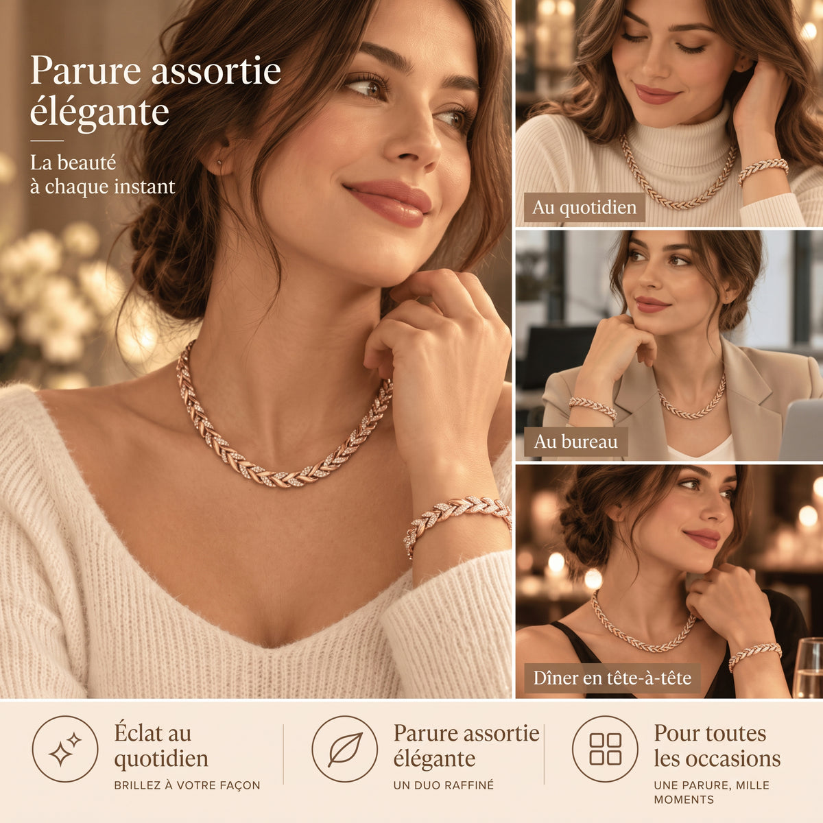 Parure collier et bracelet à feuilles torsadées et strass
