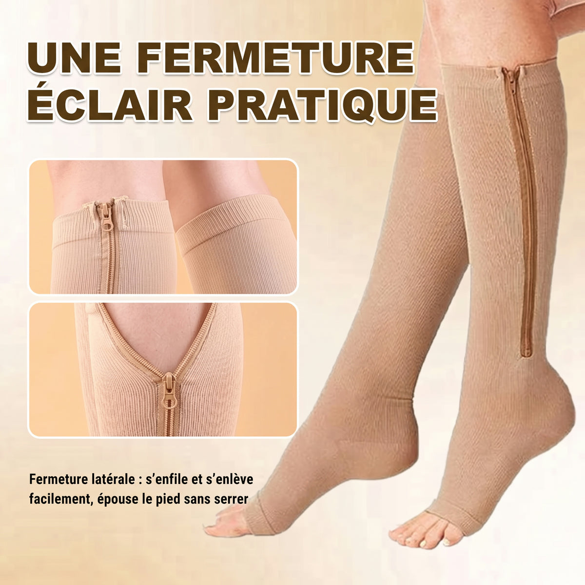 Chaussettes de compression à fermeture éclair, enfilage facile