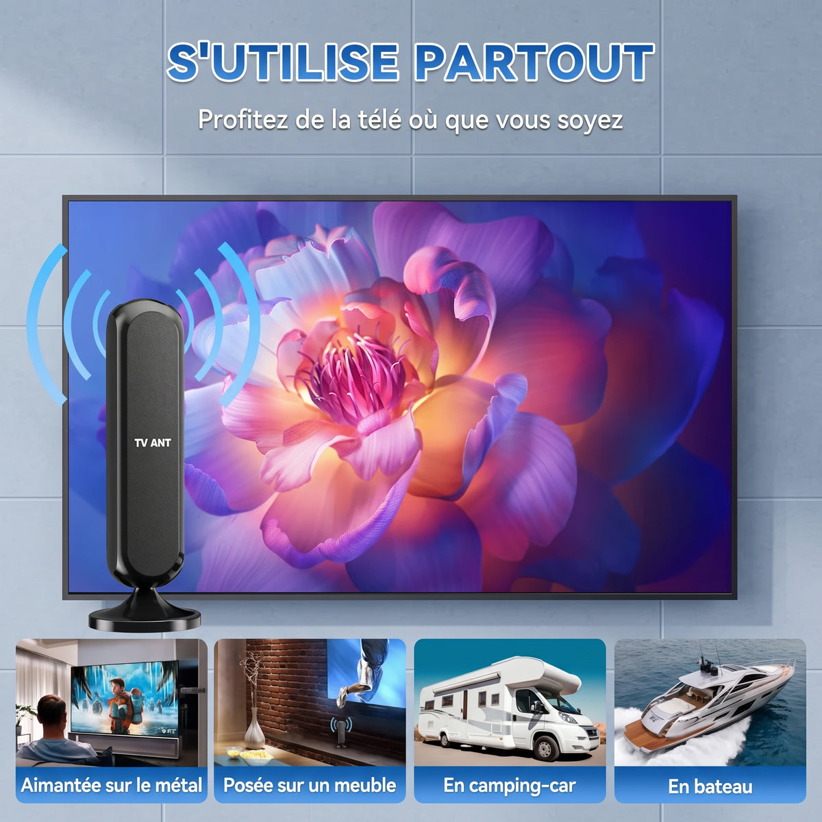 Antenne TNT intérieure amplifiée à base aimantée, 360°