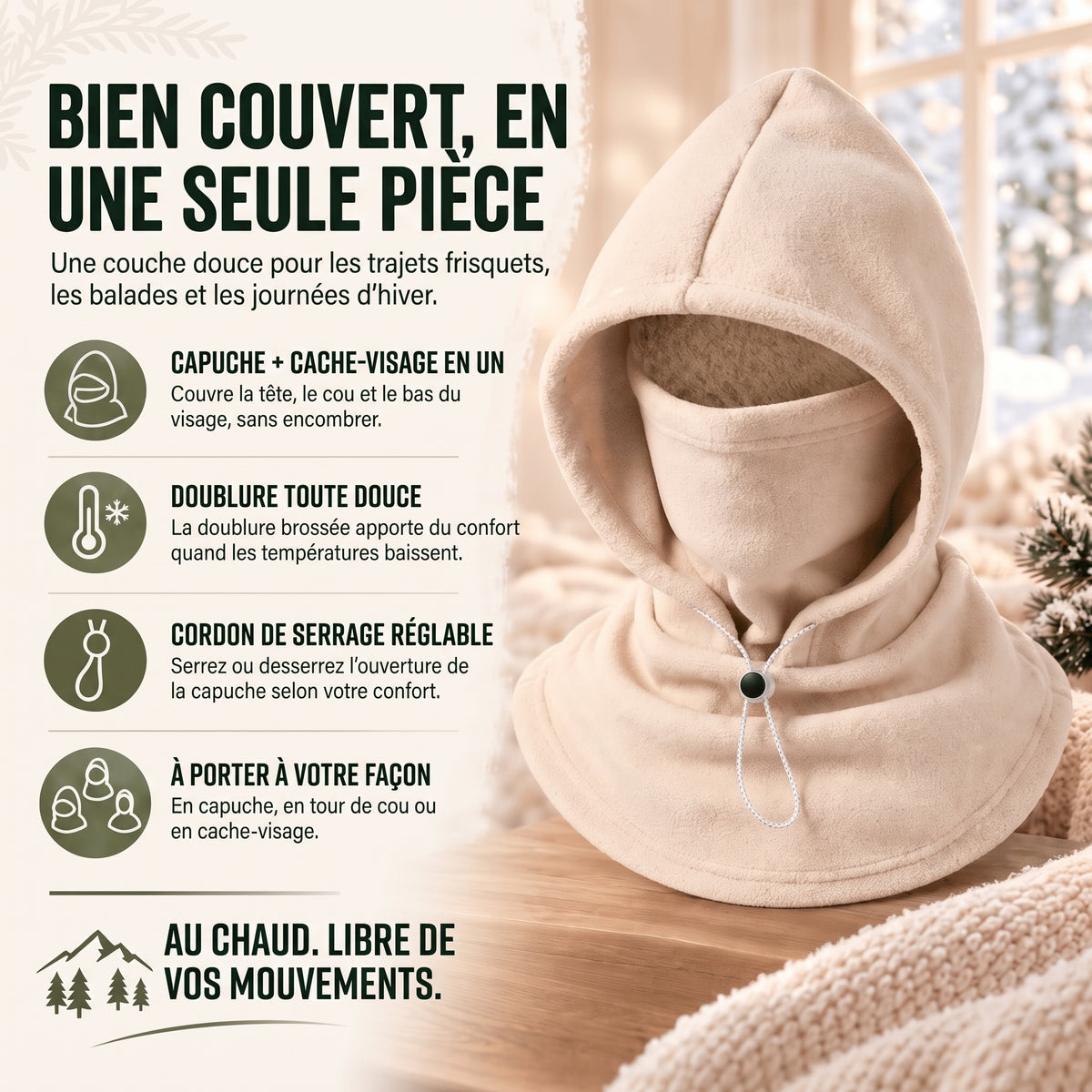 Cagoule polaire 3-en-1 doublée : tête, visage et cou
