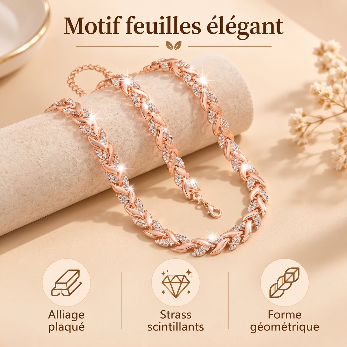 Parure collier et bracelet à feuilles torsadées et strass