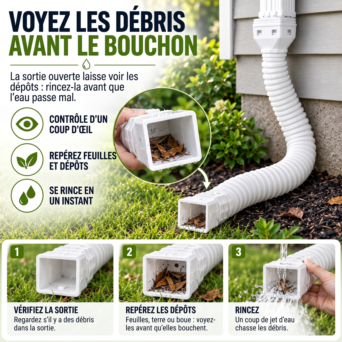 Rallonge flexible de descente de gouttière 56-160 cm – Voyez les débris avant le bouchon