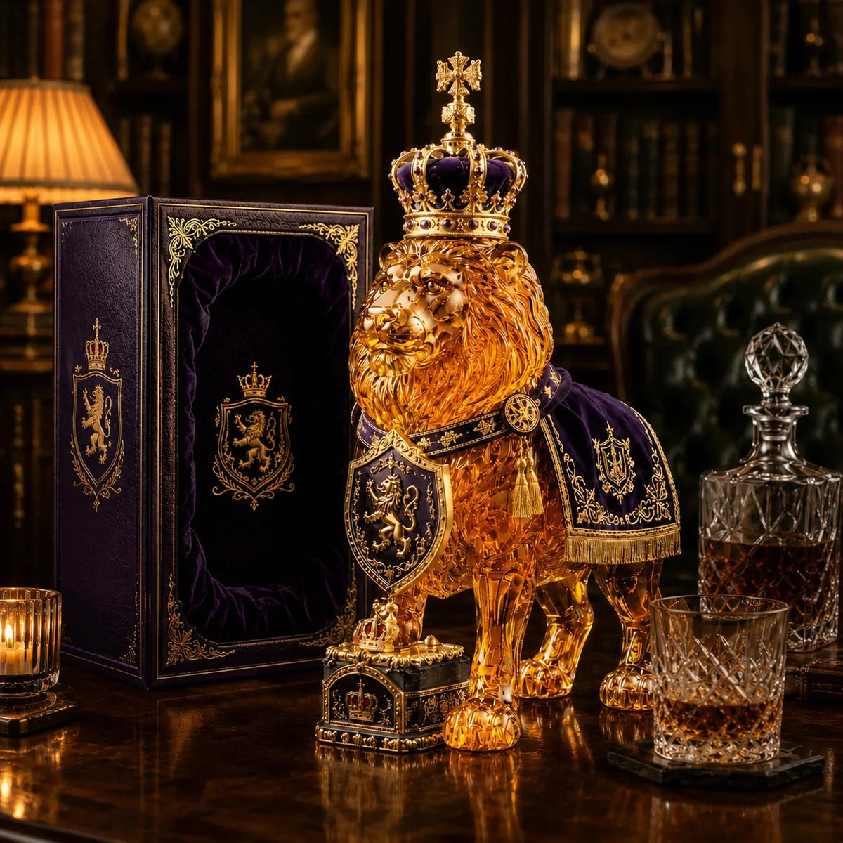 Carafe à whisky en verre, lion et couronne