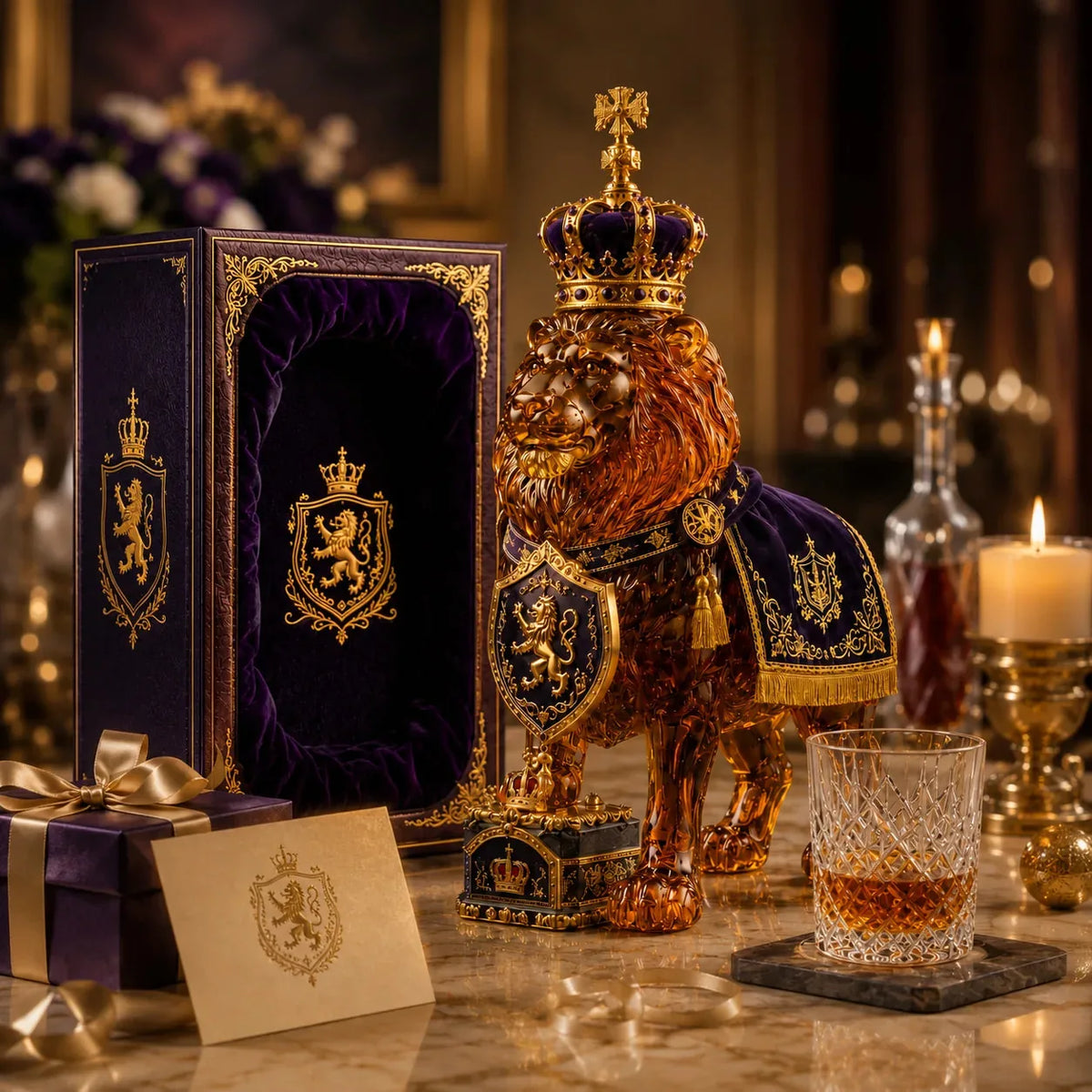 Carafe à whisky en verre, lion et couronne