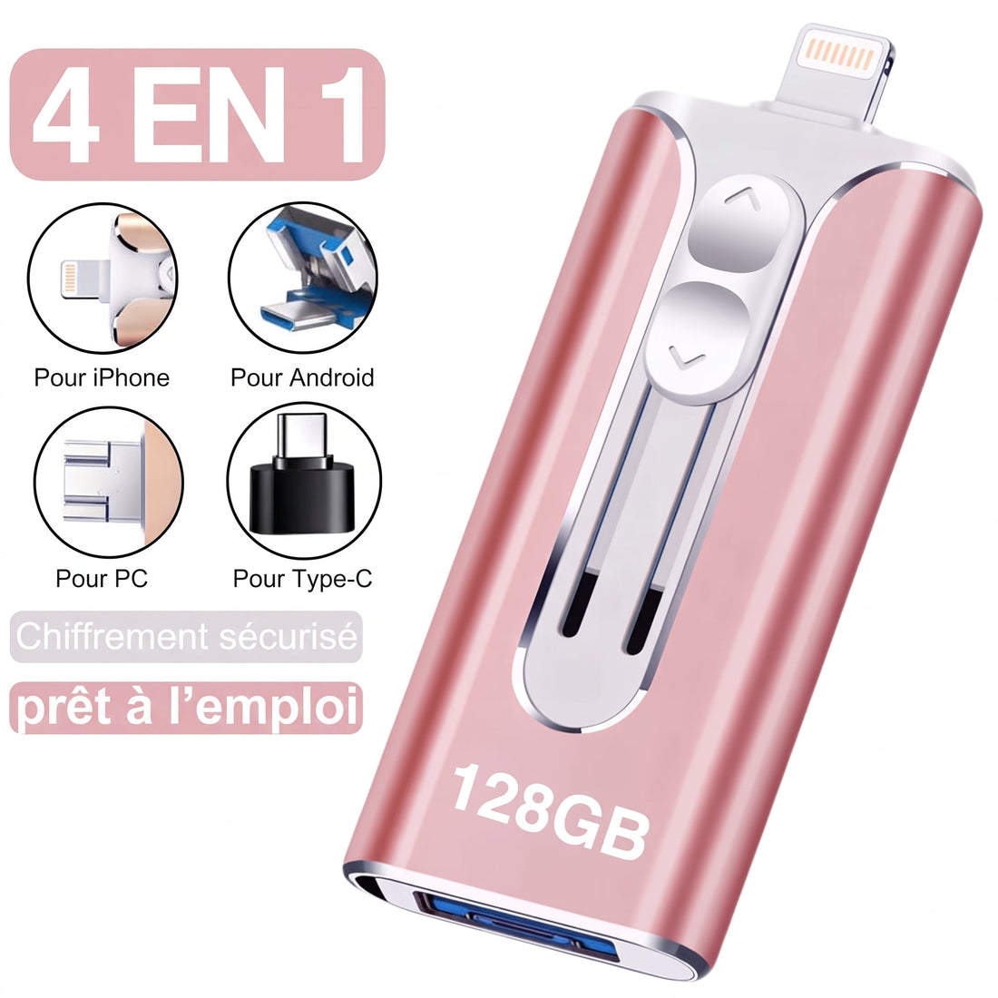 Clé USB 4-en-1 pour iPhone, Android, USB-C et PC, de 32 à 256 Go
