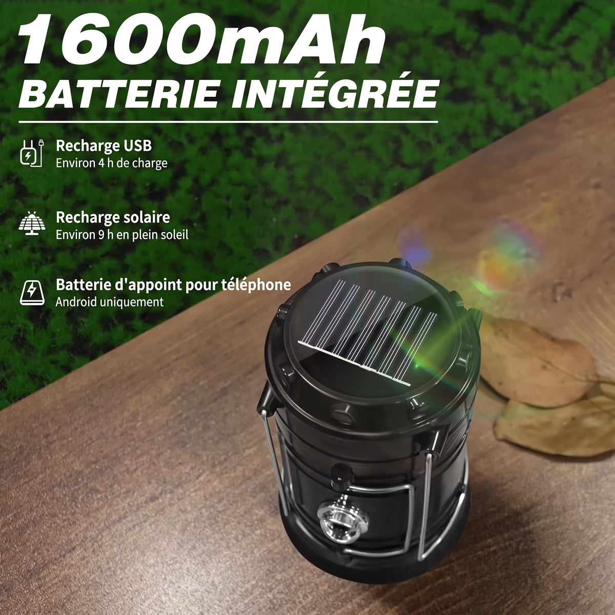 Lanterne de camping solaire et USB – 1 600 mAh
