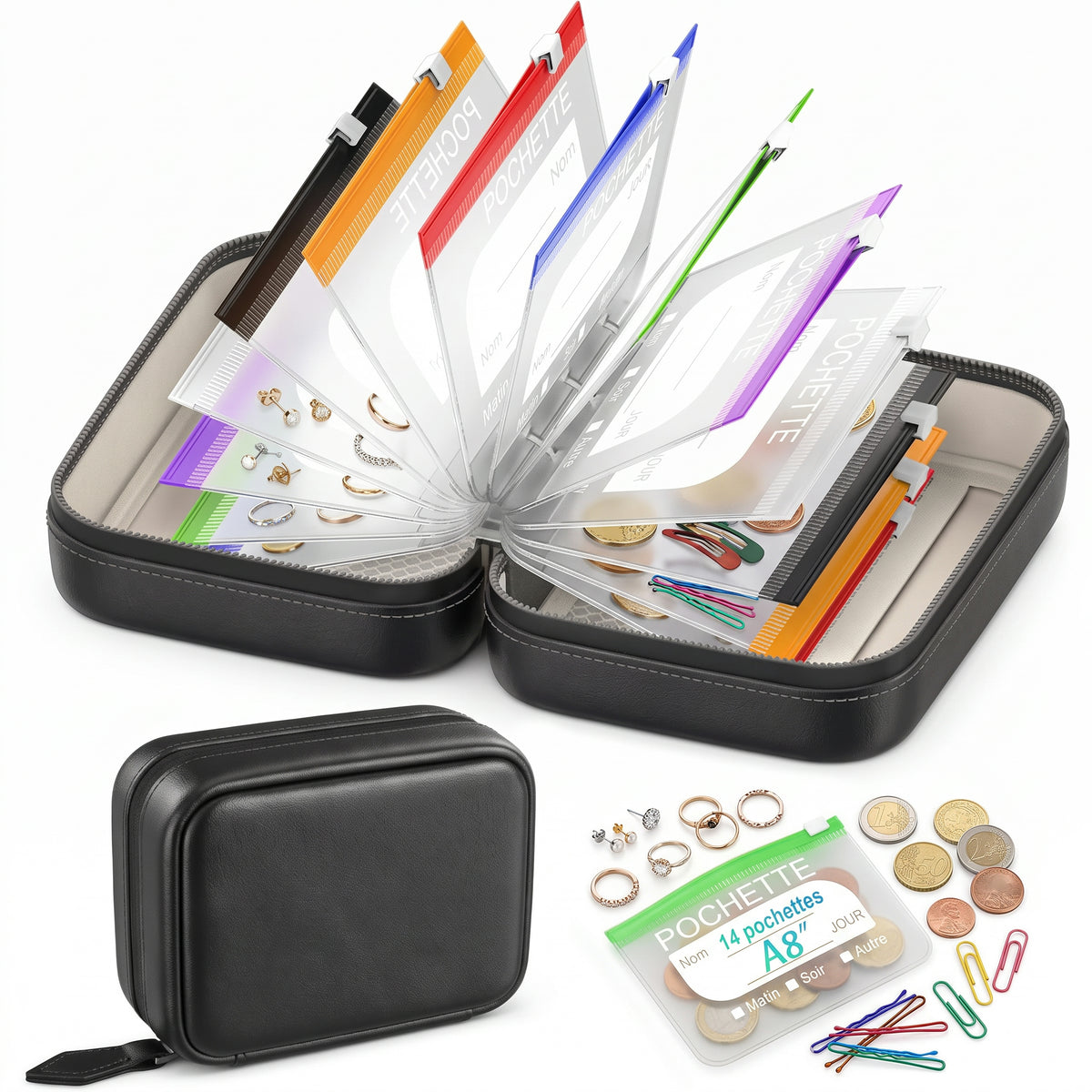 Organiseur semainier à pochettes zippées transparentes