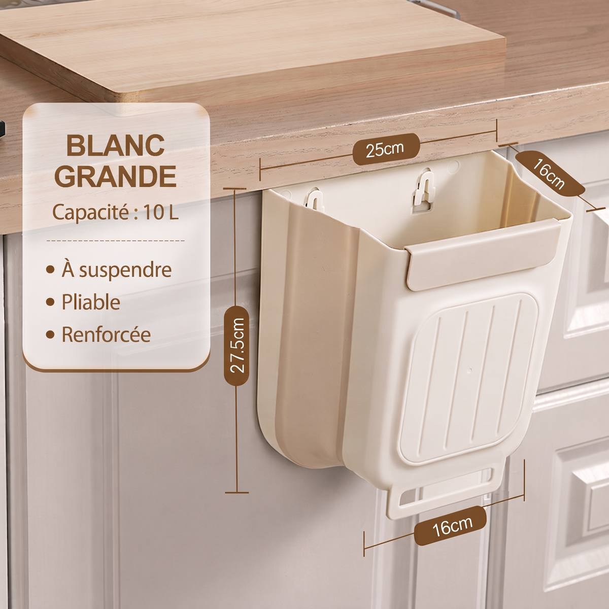 Poubelle pliable à suspendre pour porte de placard, 6 L ou 10 L