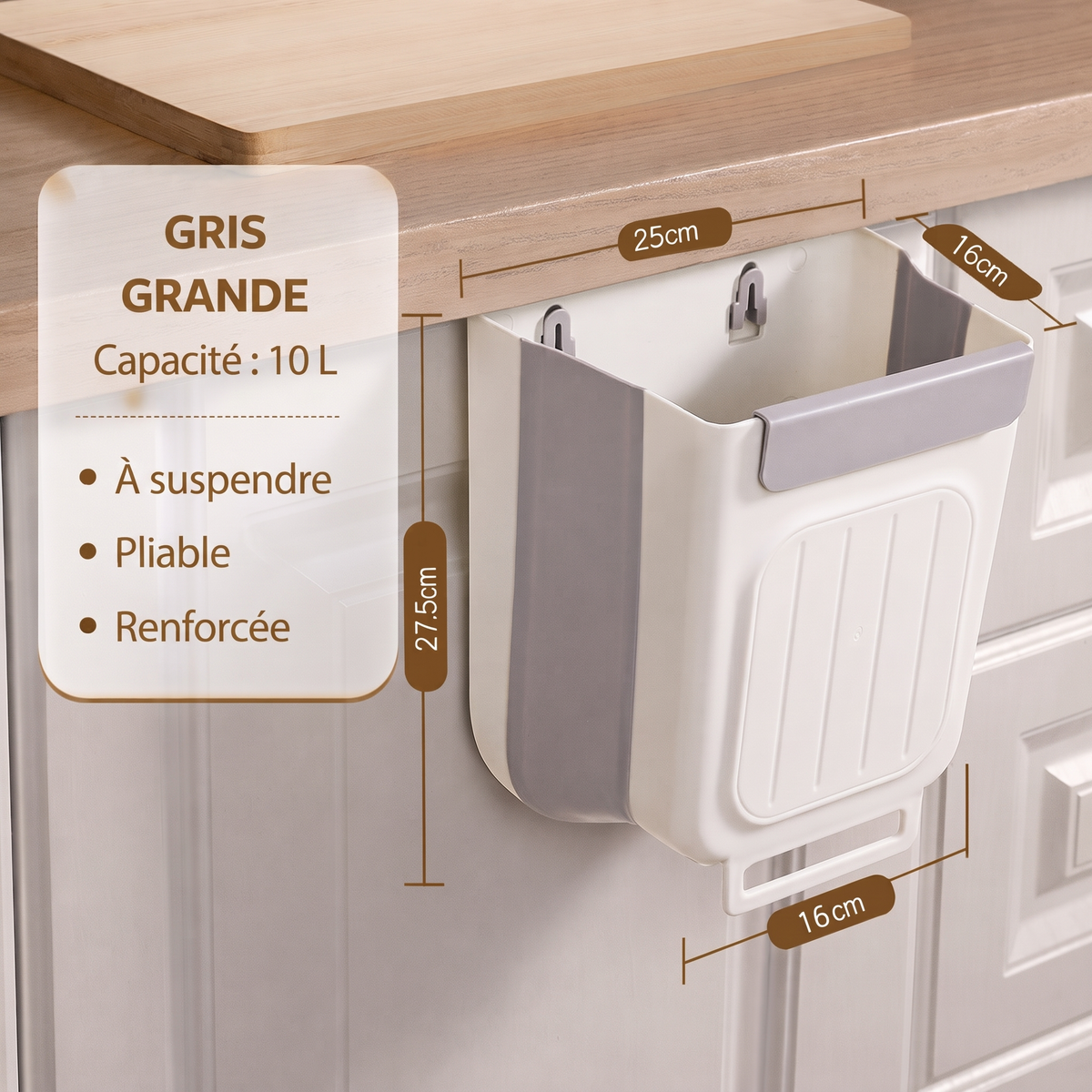 Poubelle pliable à suspendre pour porte de placard, 6 L ou 10 L