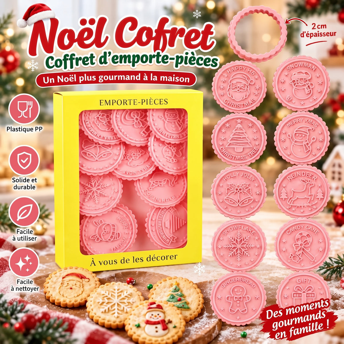 Emporte-pièces tampons de Noël pour biscuits en relief – Coffret d'emporte-pièces