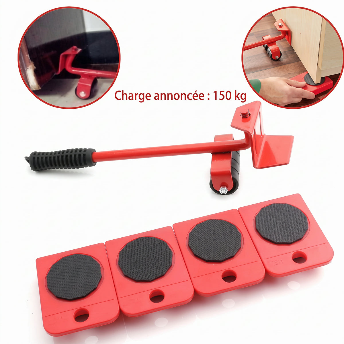 Kit de déménagement lève-meuble et 4 roulettes pivotantes à 360° – Charge annoncée : 150 kg