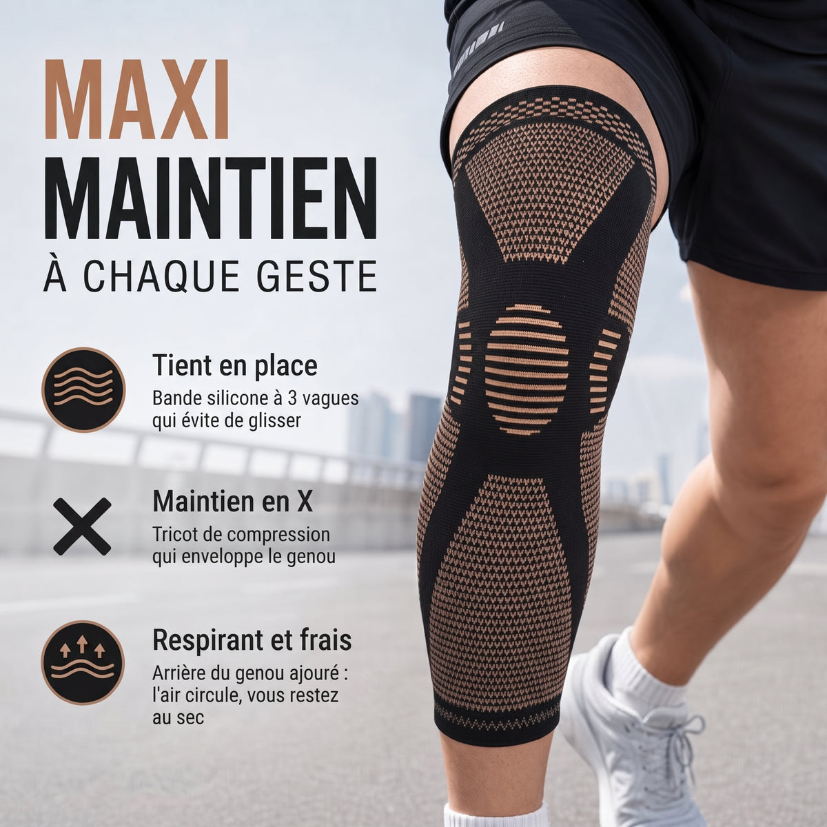 Manchon de compression long pour le genou, bandes antidérapantes