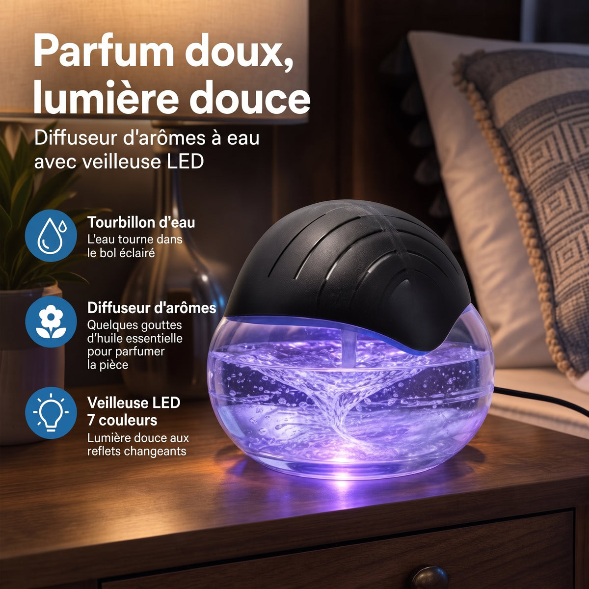 Diffuseur d’arômes à eau avec veilleuse LED 7 couleurs