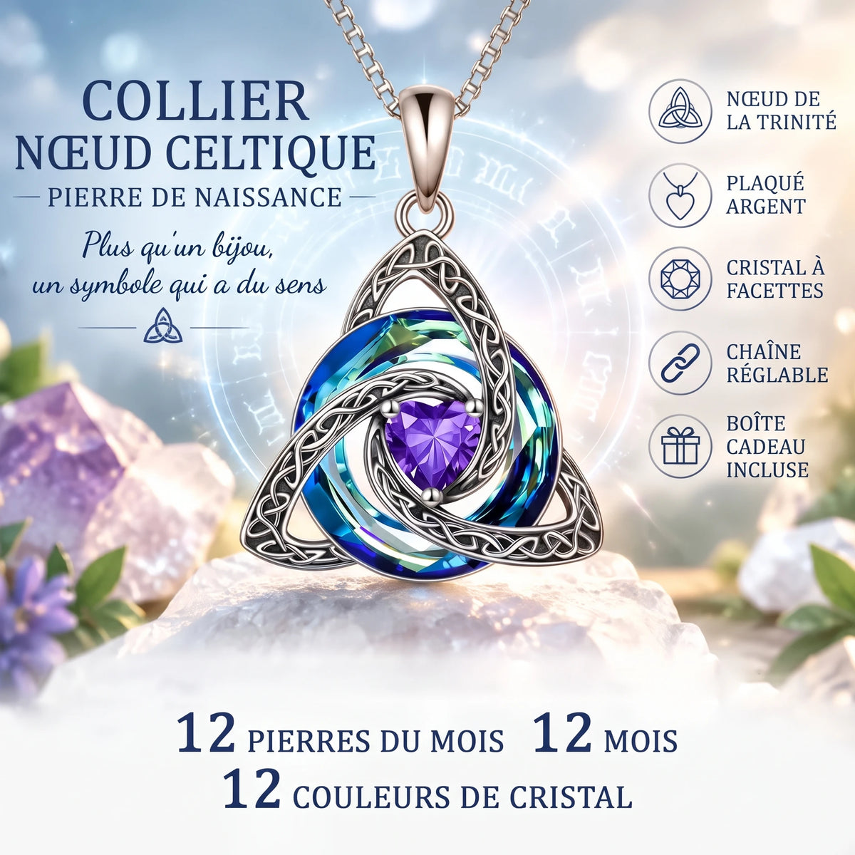 Collier nœud celtique avec pierre de naissance, boîte cadeau incluse
