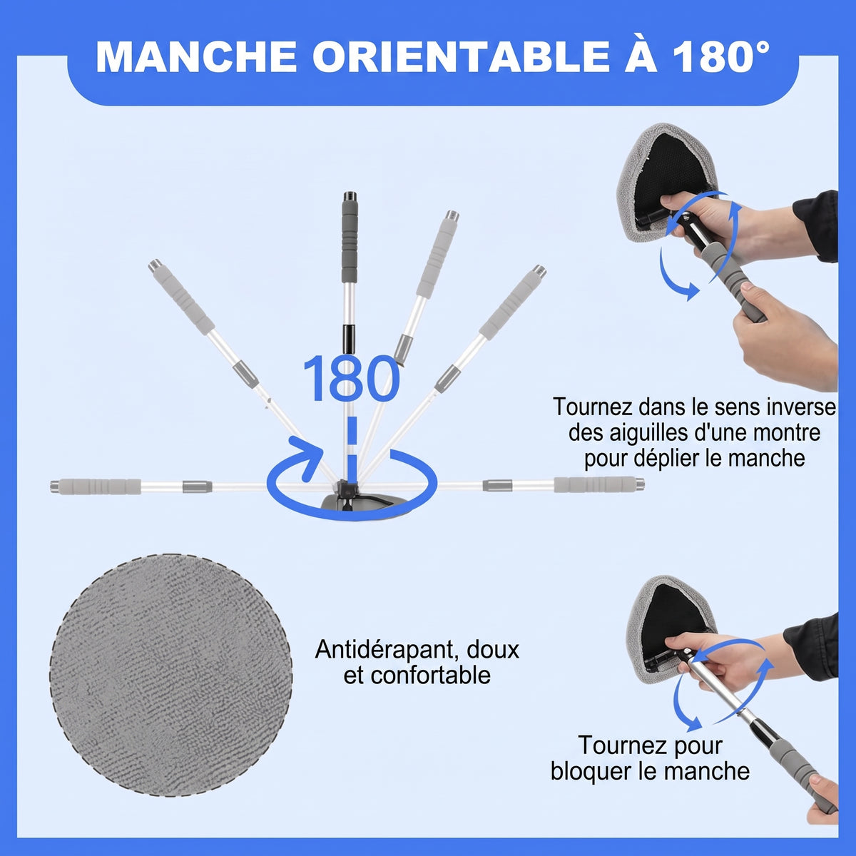 Brosse microfibre pivotante pour vitres de voiture, manche extensible