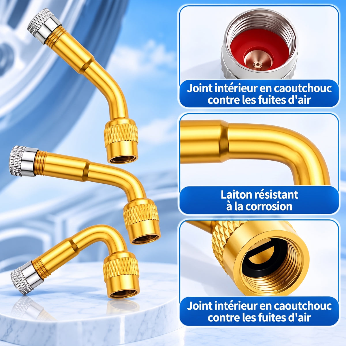 Rallonges de valve de pneu en laiton – Joint intérieur en caoutchouc contre les fuites d'air