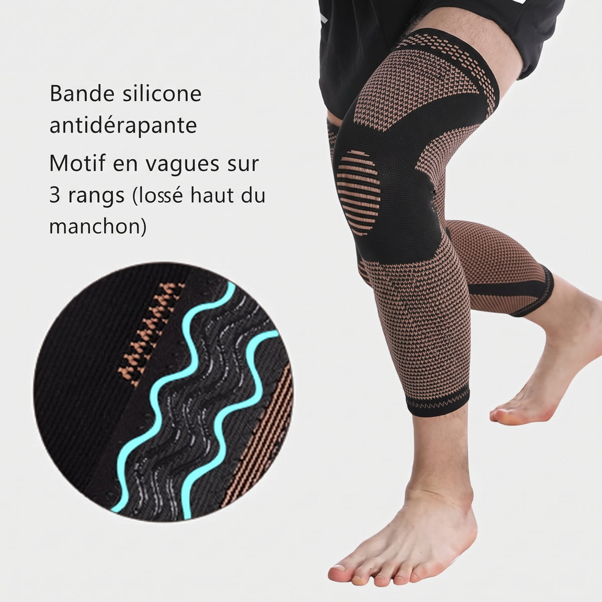 Manchon de compression long pour le genou, bandes antidérapantes