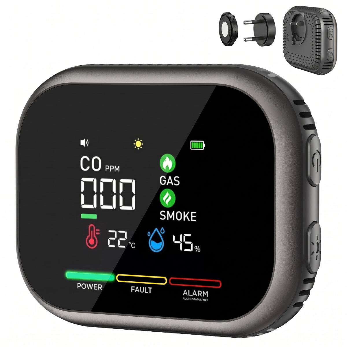 Détecteur CO, gaz, fumée, température et humidité, sur prise