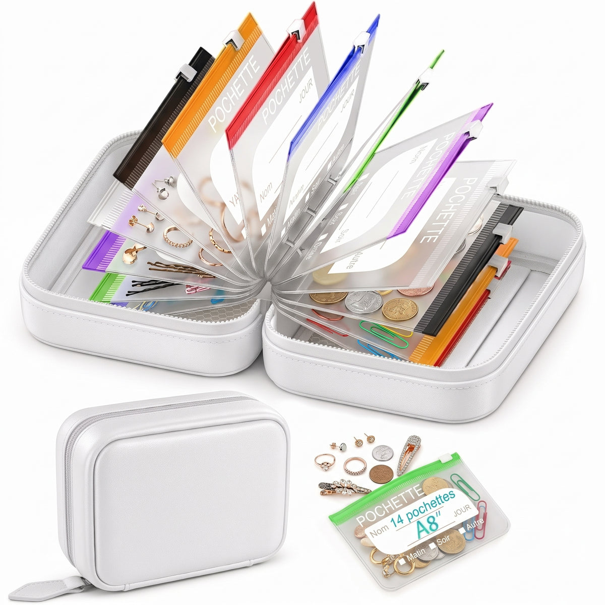 Organiseur semainier à pochettes zippées transparentes