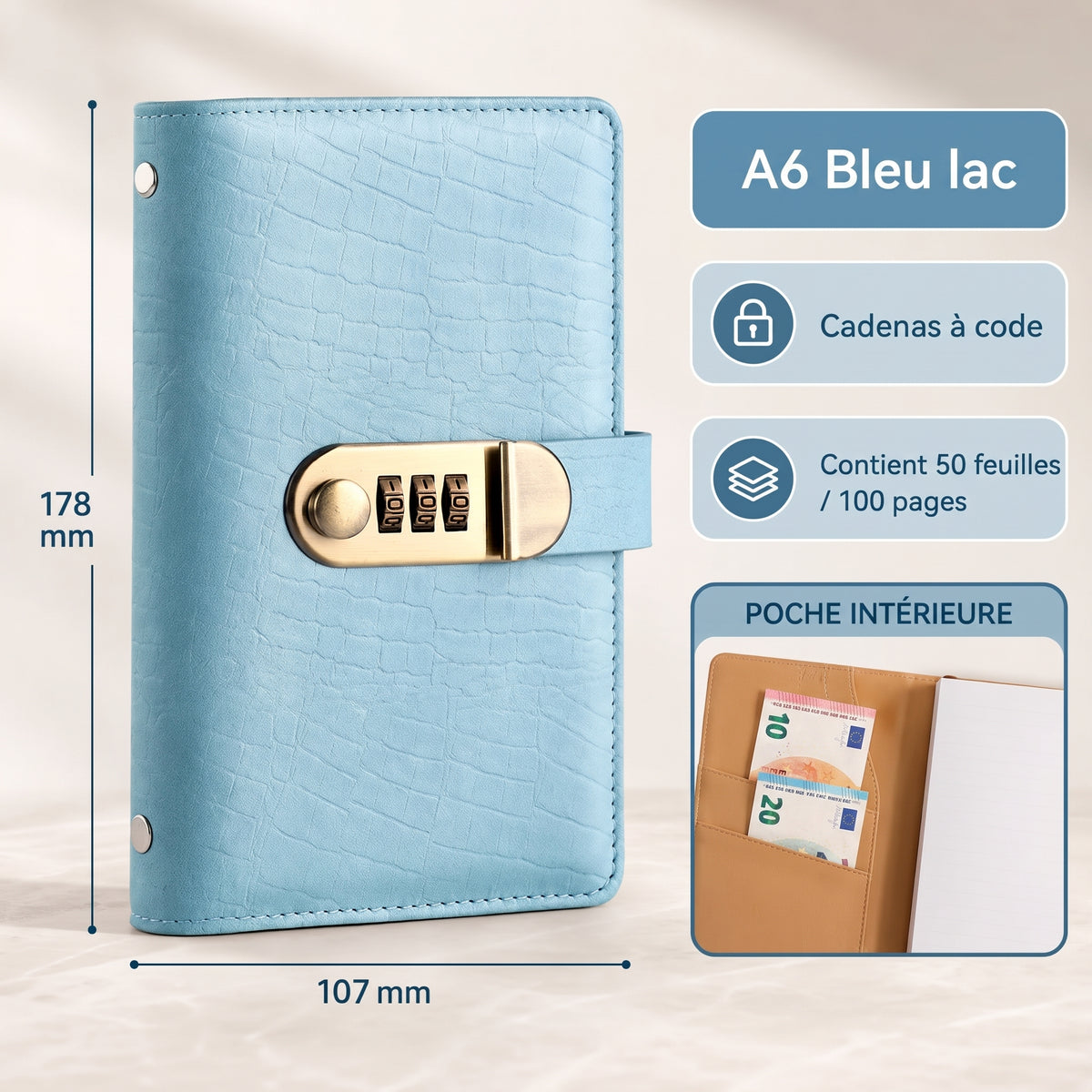 Carnet d'épargne A6 avec cadenas à code – A6 Bleu lac