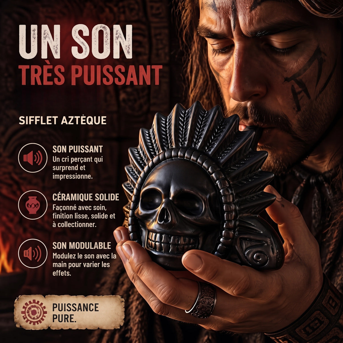 Sifflet aztèque en céramique en forme de crâne, noir mat