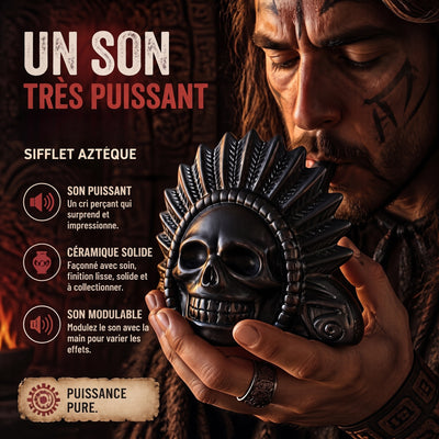 Sifflet aztèque en céramique en forme de crâne, noir mat