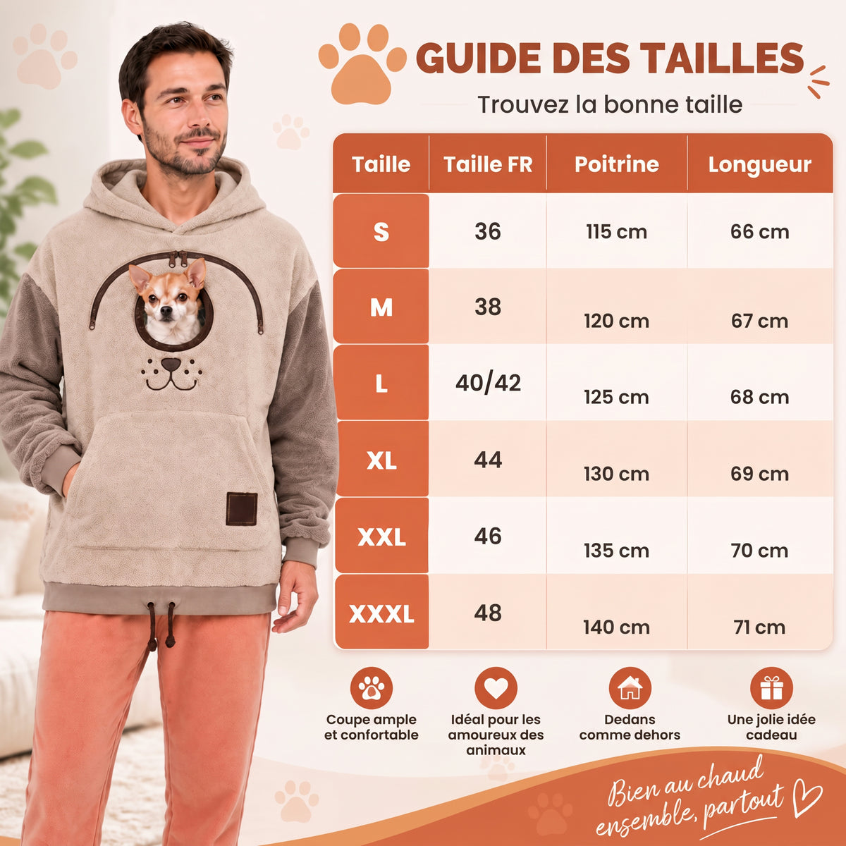 Sweat à capuche porte-animal, poche ventrale pour chat et petit chien