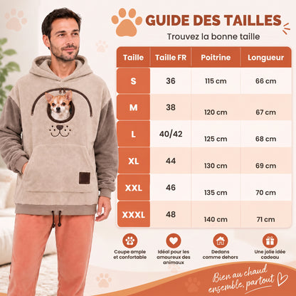 Sweat à capuche porte-animal, poche ventrale pour chat et petit chien