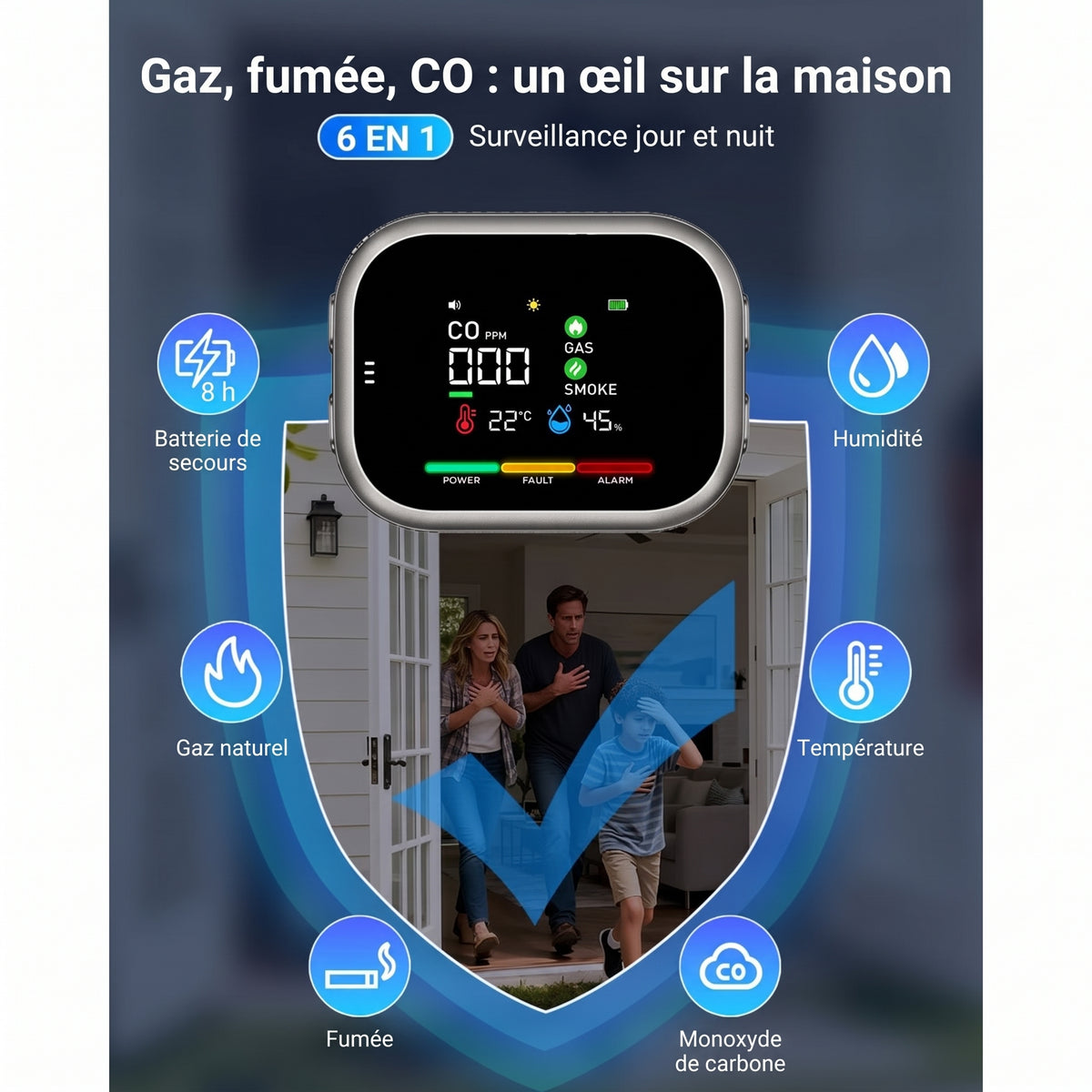 Détecteur CO, gaz, fumée, température et humidité, sur prise