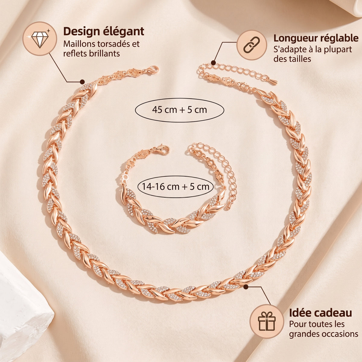 Parure collier et bracelet à feuilles torsadées et strass
