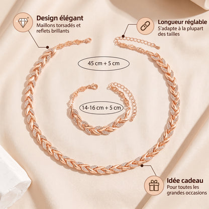Parure collier et bracelet à feuilles torsadées et strass