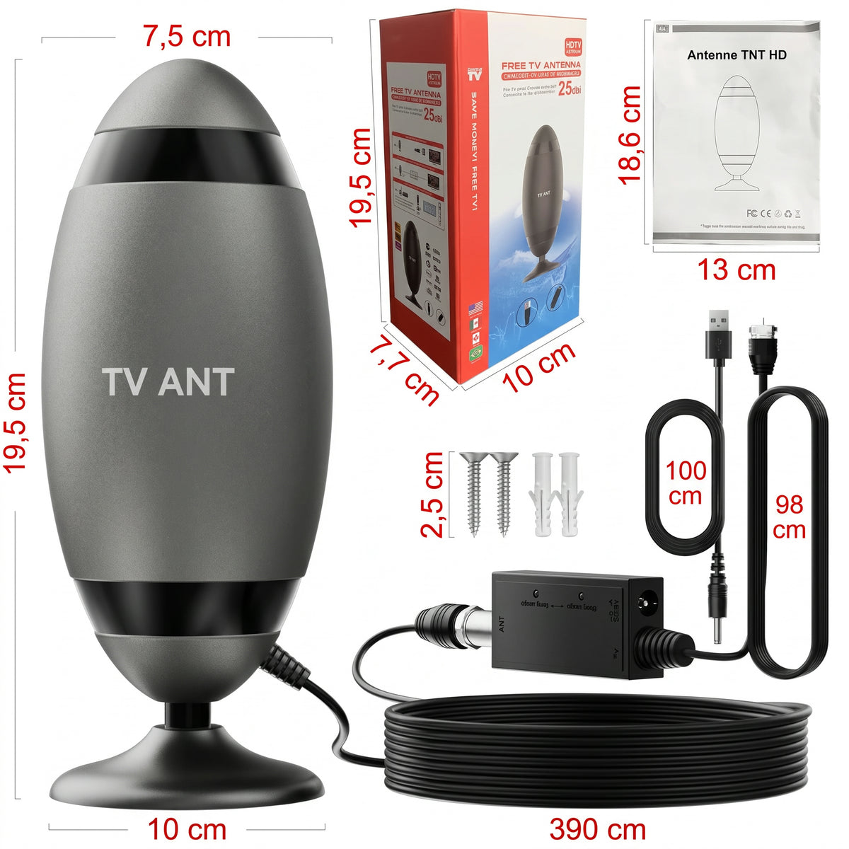 Antenne TNT intérieure amplifiée à base aimantée, 360°