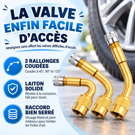 Rallonges de valve de pneu en laiton, lot de 3 angles 45°, 90°, 135°