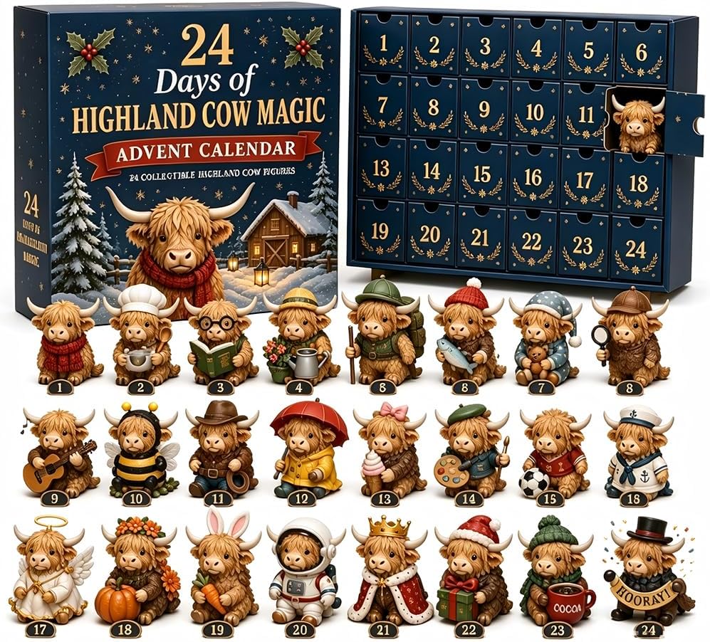 Calendrier de l'Avent vaches Highland, 24 figurines à collectionner